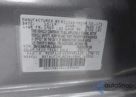 2020 Nissan Versa Sv Xtronic Cvt from USA, damaged, VIN 3N1CN8EV6LL834642